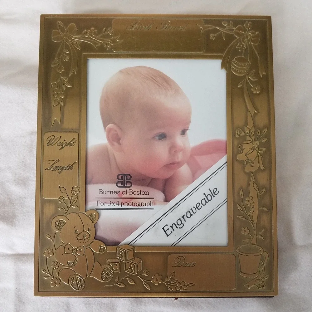 Burnes of Boston Birth Record Frame 3x4 Gold Excellent Engraveable Teddy Bear